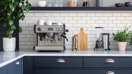 Modern and stylish kitchen showcasing a high end espresso machine, ready to brew a perfect cup of coffee