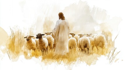 Watercolor painting depicting jesus as caring shepherd, leading peaceful flock through lush meadow, representing divine guidance and spiritual nurturing