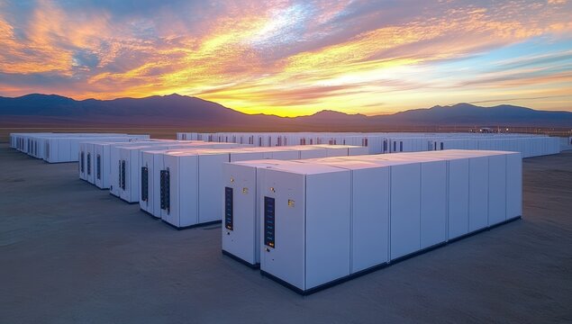 Large outdoor Bitcoin mining farm with rows of white mining rigs set against a vibrant sunset and mountain backdrop.