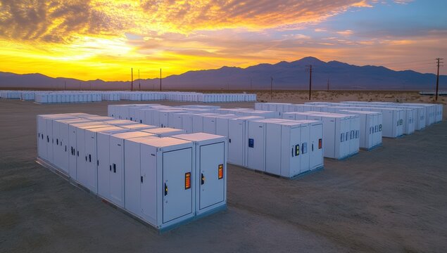Large-scale battery energy storage facility at sunset in a desert landscape, featuring rows of white modular units with mountains in the background.