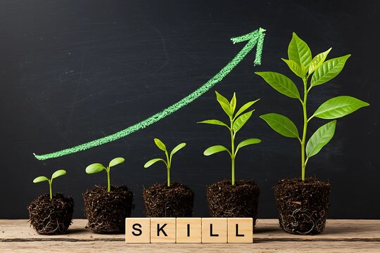 Skill Development and Growth: Plants Growing with Upward Arrow Chart
