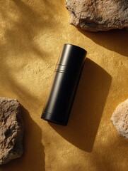 Modern Black Cylinder Container on Golden Surface with Rocks