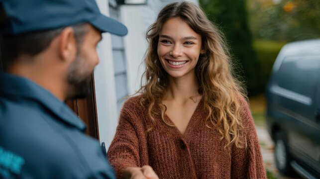 Smiling young woman greeting a delivery or service professional with a handshake outside her home, friendly customer interaction, reliable service, and positive human connection in a residential