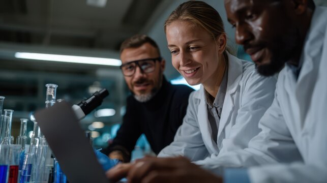 Diverse group of scientists collaborating on a research project using a laptop in a modern laboratory, surrounded by glassware and equipment, symbolizing teamwork, innovation, and scientific discovery