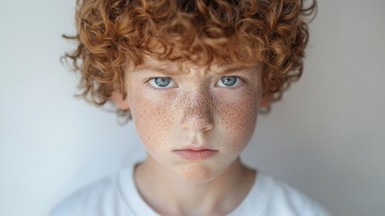 Serious red haired boy with freckles, blue eyes expressing concentrated emotional intensity