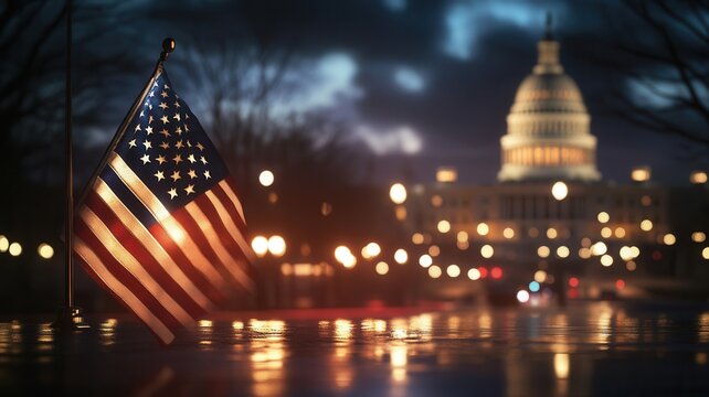 Nighttime american flag flying, blurred capitol building backdrop, symbolizing national political landscape