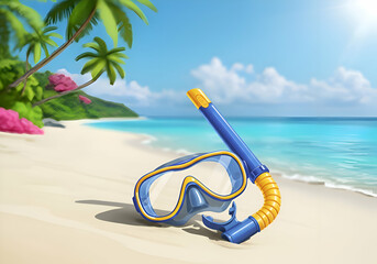 Blue and yellow snorkeling mask and snorkel on a tropical beach. Resting on the sand, with a blurred background of a tropical paradise.