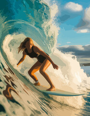 Young Woman Surfing a Turquoise Wave &ndash; Dynamic Action Surf Photography

