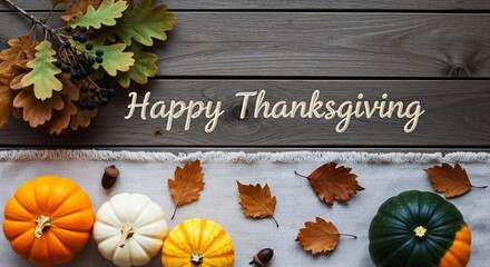 Thanksgiving Greetings: Rustic Wooden Background with Pumpkins and Autumn Leaves