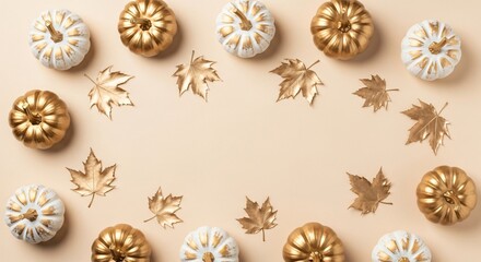 Elegant Autumn Arrangement: Gold & White Pumpkins, Fall Leaves, Festive Background