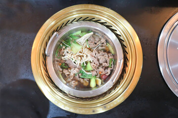 Sukiyaki ,suki or shabu pot and sliced beef or vegetable soup in the pot