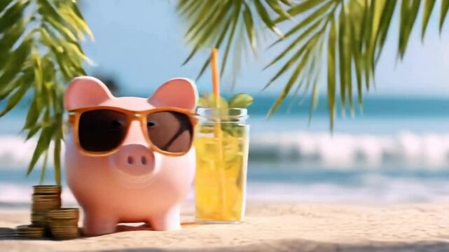 A cheerful pink piggy bank wearing sunglasses sits on a sandy beach next to a refreshing drink, with the ocean in the background.