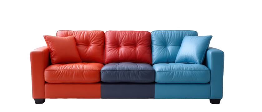 Vibrant modern sofa with red and blue sections, showcasing a stylish living room design