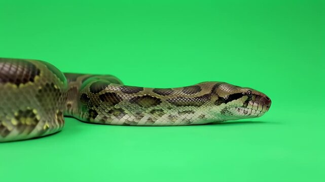 Python Snake on Green Screen: Exotic Reptile Close-Up