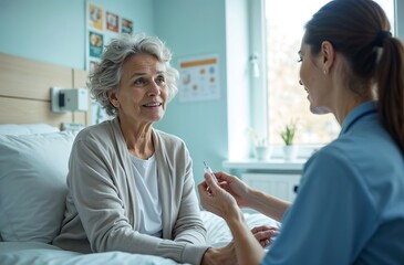 Obraz premium Middle-Aged Woman Learning Insulin Injection – Empathetic Nurse Demonstration in Hospital