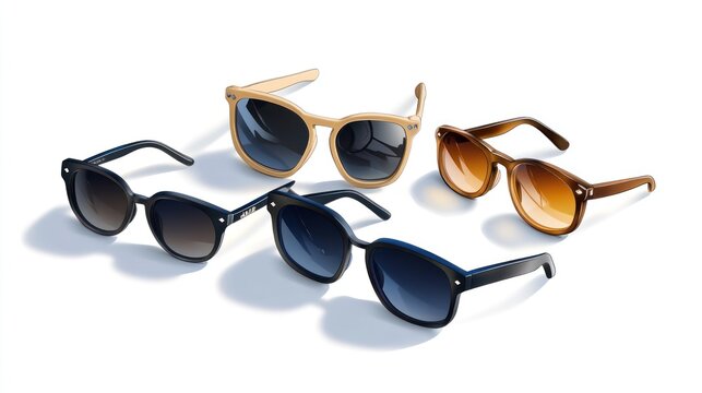 Stylish sunglasses collection, studio shot, white background, summer fashion