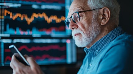 Creating Passive Income for Seniors concept, Senior Man Monitoring Stock Portfolio Growth on Smartphone for Long-Term Passive Income Investment