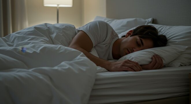 Peaceful Sleep Man in Bed - A man sleeping peacefully in bed, symbolizing rest, tranquility, comfort, dreams, and rejuvenation