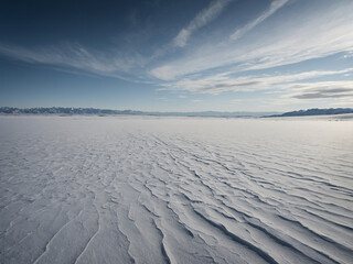 A windswept snowy plain with distant low hills under a colorless sky feels vast and desolate, embodying the emptiness of winter in a minimalist way, the image is rendered in HD with