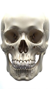 Realistic Human Skull Anatomy Front View with Detailed Bone Structure Isolated on White Background for Medical or Anatomy Purposes