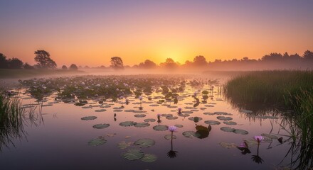 Fototapeta premium Serene Sunrise Over Lotus Pond - A tranquil sunrise scene over a calm pond covered in blooming lotus flowers, with a misty atmosphere and trees in the background