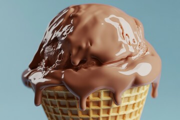 Melted chocolate ice cream in a waffle cone.