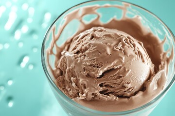 Close-up of a scoop of rich chocolate ice cream in a glass bowl.