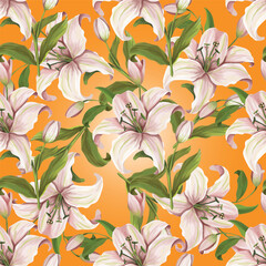 Lily flowers seamless pattern on orange background. Realistic elegant lily flowers patterns for textile, fabric, bed linen, wallpaper.