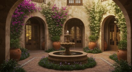 Fototapeta premium Spanish Courtyard Garden Oasis Fountain Architecture - Serene Spanish courtyard, tranquil fountain, lush greenery, terracotta pots, architectural detail.