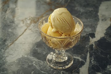 Creamy vanilla ice cream in a glass dish.