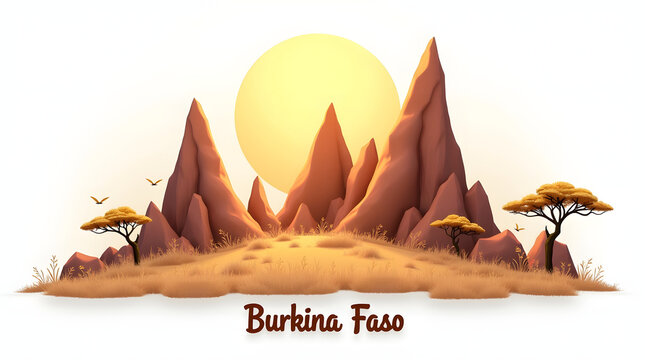 3d illustration of Sindou Peaks with sandstone formations and golden light, and the words 'Burkina Faso' beneath. Scenic outdoor vacation imagery.