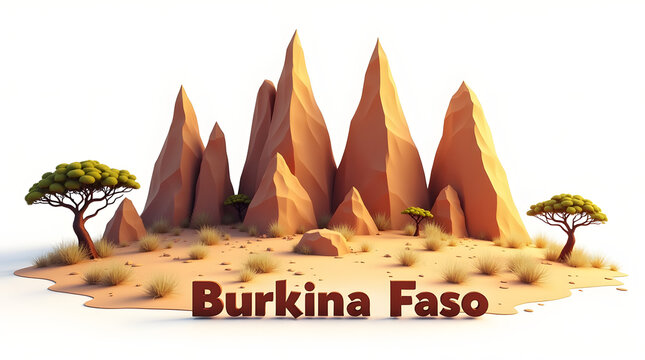 3d illustration of Sindou Peaks with sandstone formations and golden light, and the words 'Burkina Faso' beneath. Scenic outdoor vacation imagery.