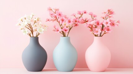 Pink background, three vases, pastel flowers, spring decor, home styling