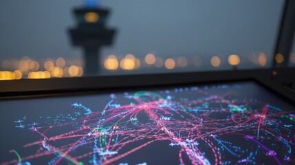 Close-up of air traffic control radar screen with glowing flight paths and aircraft symbols. Aviation safety, airspace monitoring and flight tracking technology concepts.