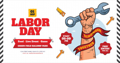 Happy Labor Day Event Banner with Hand Holding Hammer and Tools