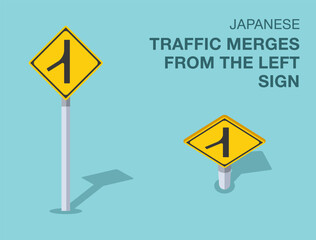 Traffic regulation rules. Isolated japanese "traffic merges from the left" road sign. Front and top view. Flat vector illustration template.