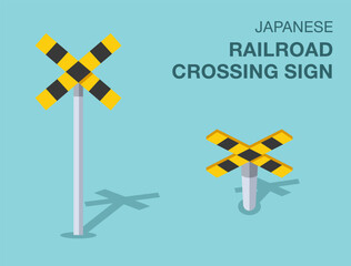 Traffic regulation rules. Isolated japanese "railroad crossing" road sign. Front and top view. Flat vector illustration template.