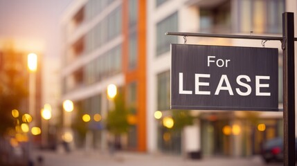 Obraz premium Modern apartment building with for lease sign in focus, urban real estate rental property and commercial space vacancy concept.