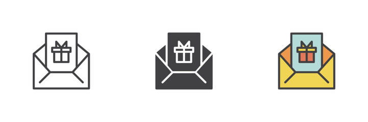 Gift envelope icon set in line, solid and filled outline style