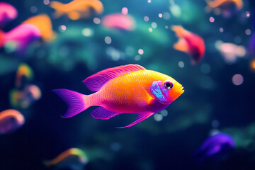 Fototapeta premium Orange pink fish swimming in dark blue water purple