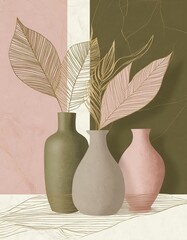 collage still life with vase and leaves. abstract poster color pink, olive, green, gold.