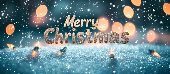 Fototapeta premium Merry Christmas greeting card on a snowy background with lights