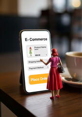 Female model shopping online with smartphone, Miniature model figures 