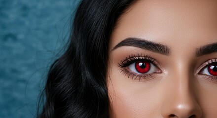 Woman with Red Eyes and Dark Hair - Close-up of a woman's eye with red contact lenses, dark hair framing her face. Mysterious and alluring