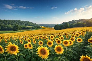 Sunflower Field Landscape Under Blue Sky – Vibrant Floral View with Natural Serenity