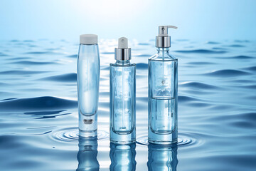 Glass bottle of blue fragrance perfume