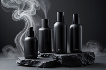An isolated glass bottle of wine and a clear glass on a black background highlight the beauty of the liquid