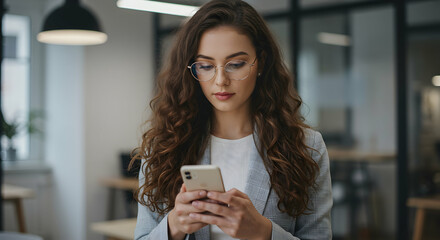 Focused young businesswoman using smartphone in modern office workplace success career technology communication