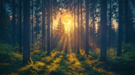 Obraz premium Mystical forest at dawn, full moon shining through trees