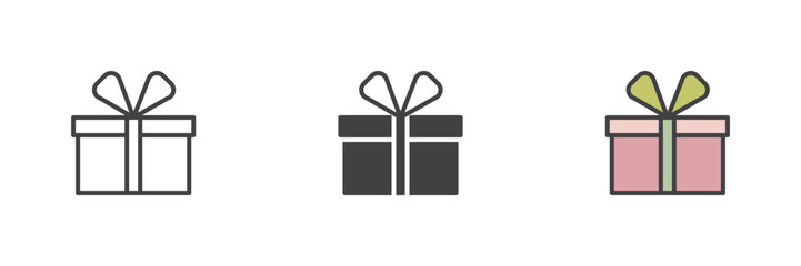 Gift box icon set in line, solid and filled outline style